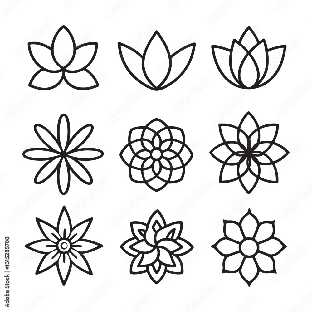 Flower icon set, silhouette vector illustration