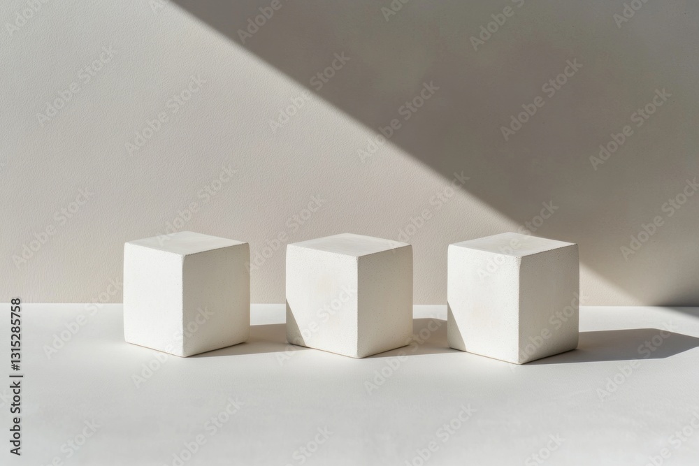 Three white cubes on a white background with sunlight shadows. Three white cubes on a white background with sunlight shadows.