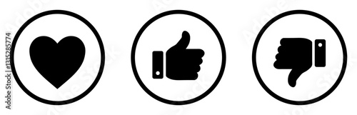 Heart, thumb up and thumb down, like and dislike vector icons set in black color. Love, like, and dislike icons. Vector illustration.