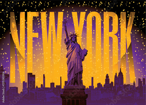 Vector banner or poster with famous American Statue of Liberty against the background of New York skyscrapers silhouettes at night, full moon and starry sky. US landmark with inscription.