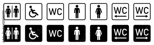 Wc toilet icons set. Male and Female gender sing. Toilet for boys, girl and disabled people sign with wc text, left and right direction arrow. Lavatory concept. Vector icon for business & advertising.