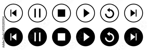 Media player buttons set. Media player icons in circle isolated on a white background. Play, pause, replay, previous, and next track media player icons. Vector illustration. Flat style.