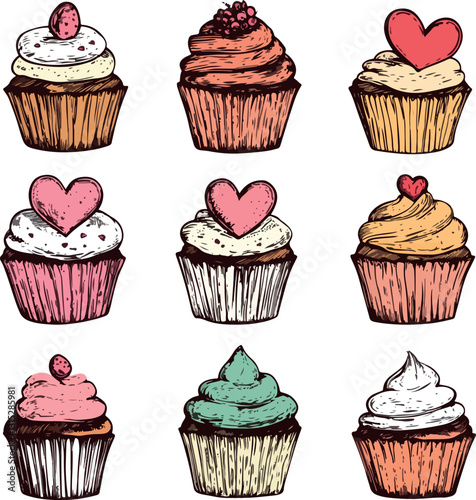 set of hand-drawn cute cupcakes