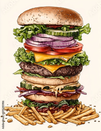 Delicious Hamburger, Cheeseburger, French Fries, and Veggie Burger in a Professional Food Image