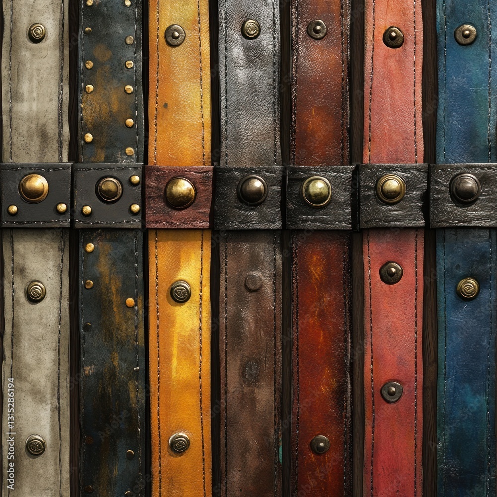 Fototapeta premium Collection of various colored leather belts with metal studs.