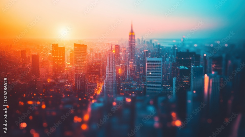 Fototapeta premium Vibrant Sunset Over Skyline of Urban City with Blurred Elements