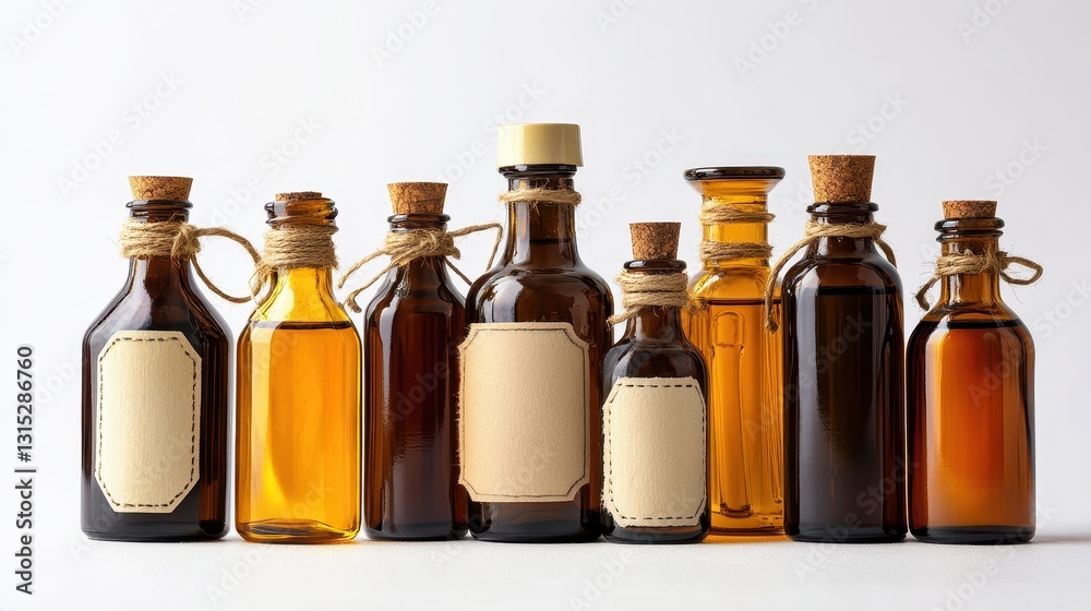 A collection of luxury essential oils with elegant labels, placed in glass bottles on a white surface, on a white isolated background A collection of luxury essential oils with elegant labels, placed in glass bottles on a white surface, on a white isolated background
