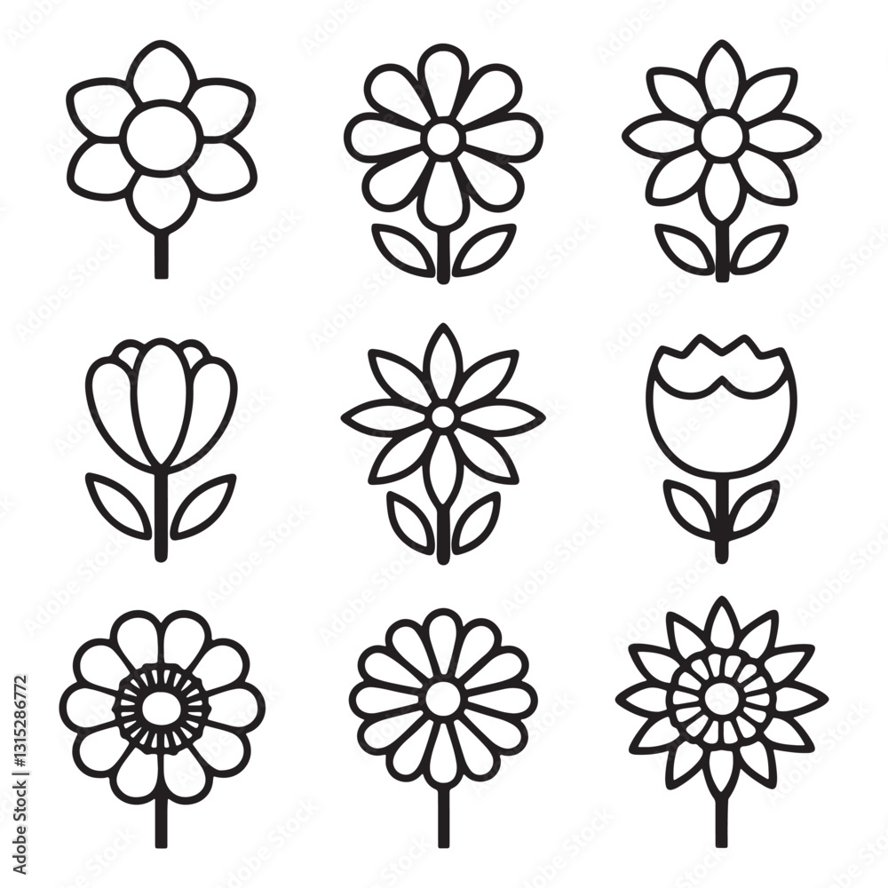 Flower icon set, silhouette vector illustration