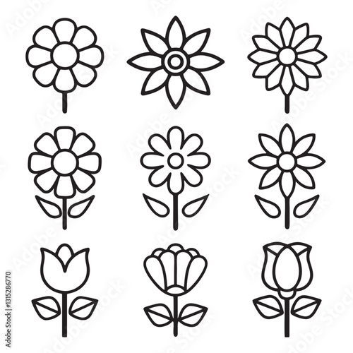 Flower icon set, silhouette vector illustration