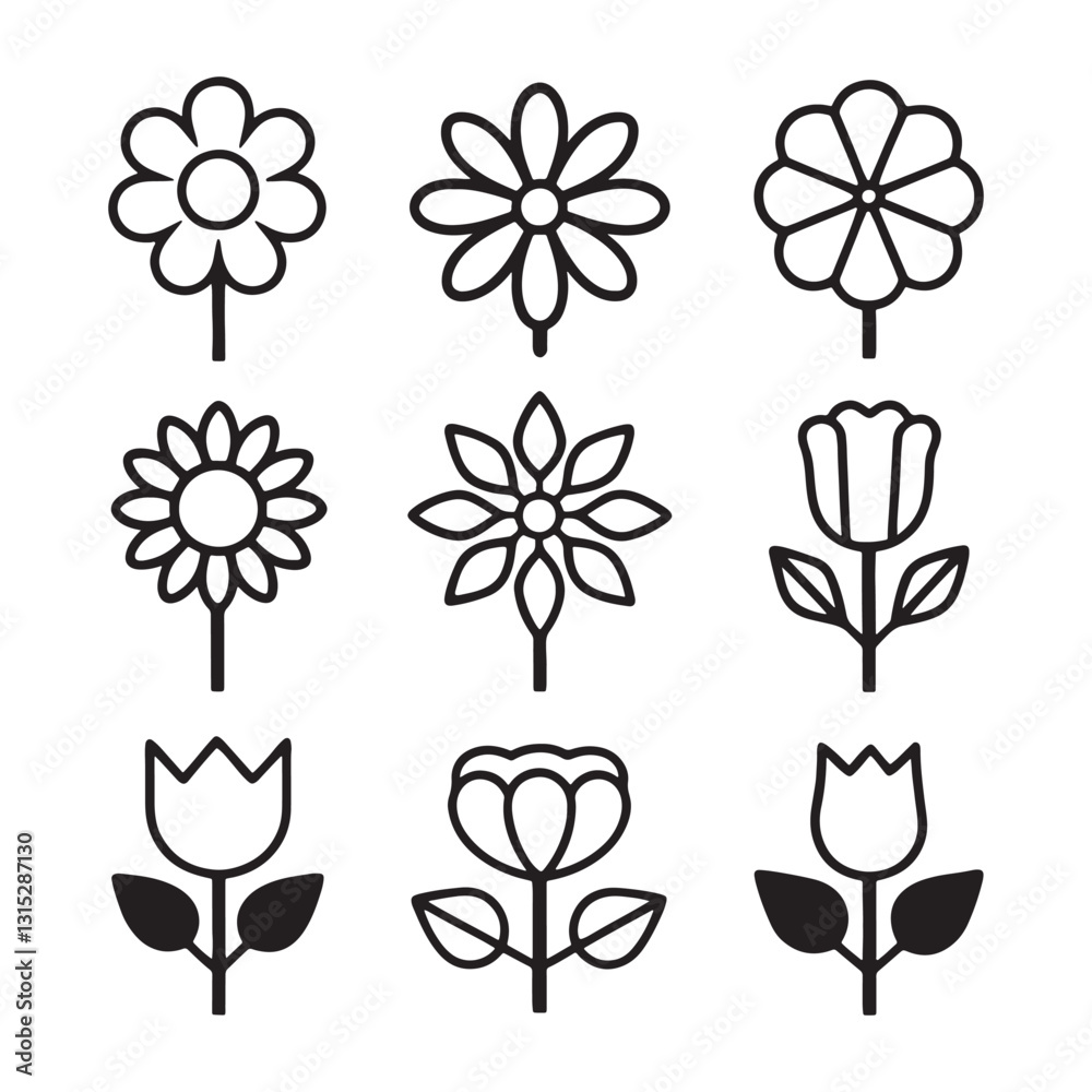 Flower icon set, silhouette vector illustration