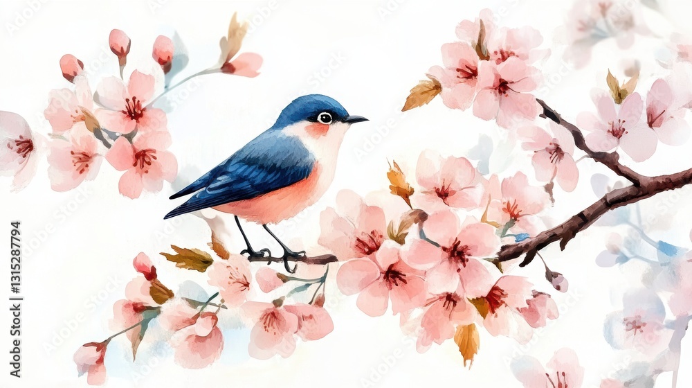 Fototapeta premium Bird on tree branch with beautiful flower in Spring.