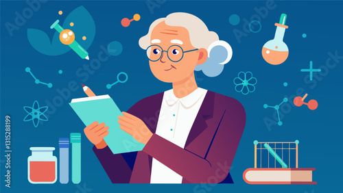 An elderly woman takes detailed notes during a biology lecture determined to catch up on all the scientific discoveries that have taken place since her last science class in high. Vector illustration