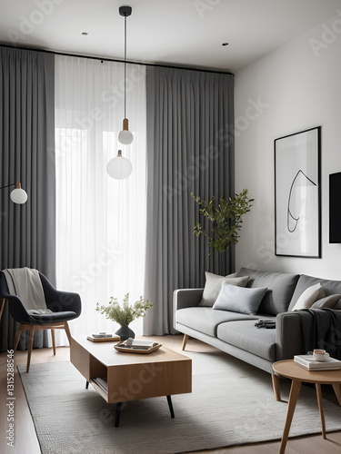 Capturing the unique blend of functionality and style in a living room adorned with dimout curtains and minimalist scandinavian furniture.