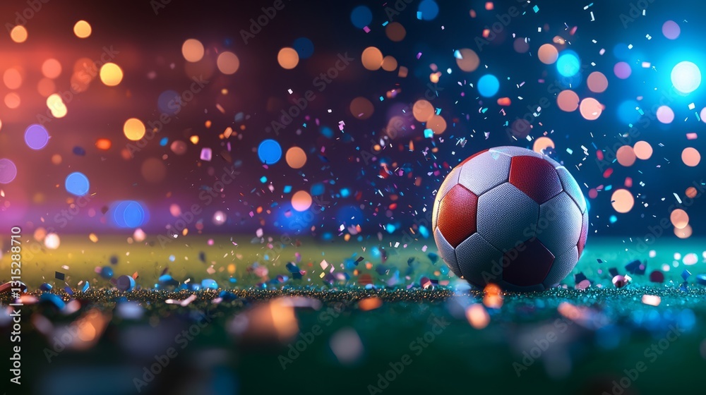 Fototapeta premium Colorful Soccer Ball Surrounded by Bokeh and Glittering Confetti