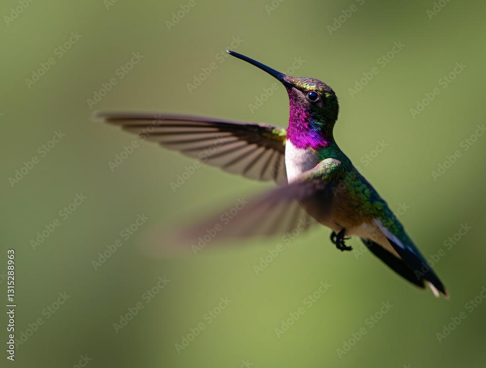 Fototapeta premium a hummingbird in mid-flight against a blurred green background.