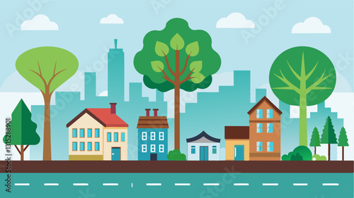 As the trees take root and grow they not only beautify the neighborhood but also provide shade and improve air quality making it a more liveable and healthy place for all. Vector illustration
