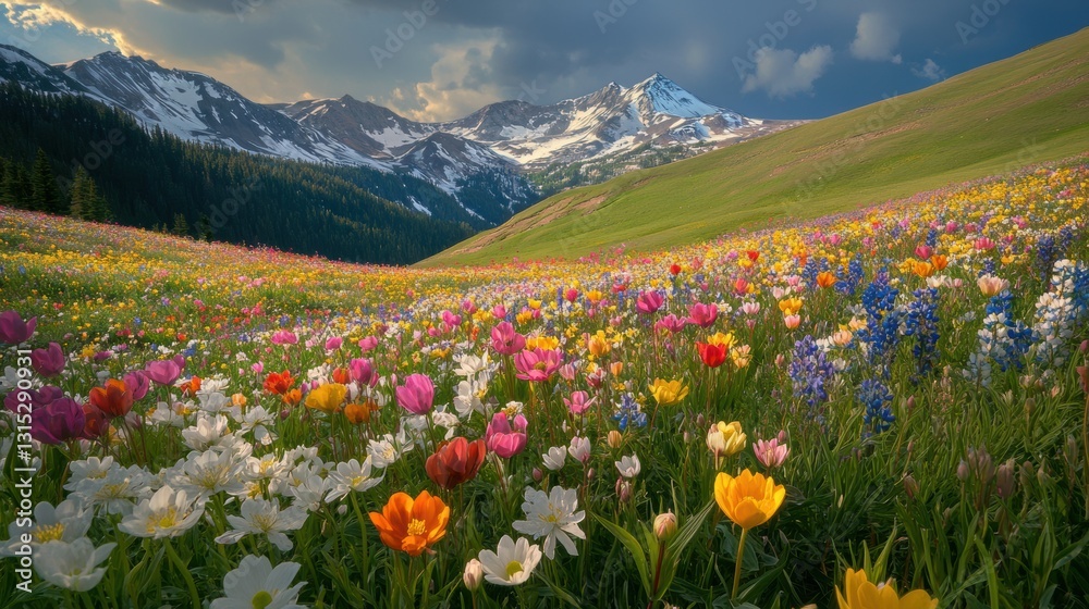 Beautiful colorful wild flowers with snow mountain in Spring.