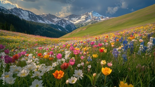 Obraz na płótnie Beautiful colorful wild flowers with snow mountain in Spring. w salonie