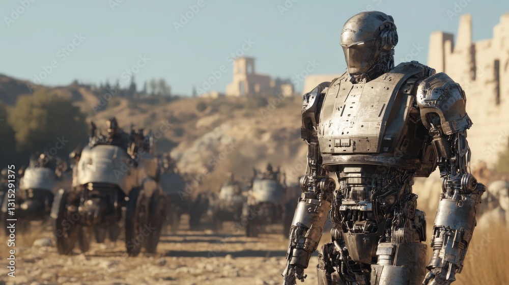 Majestic Robotic Warrior in a Desolate Landscape Majestic Robotic Warrior in a Desolate Landscape