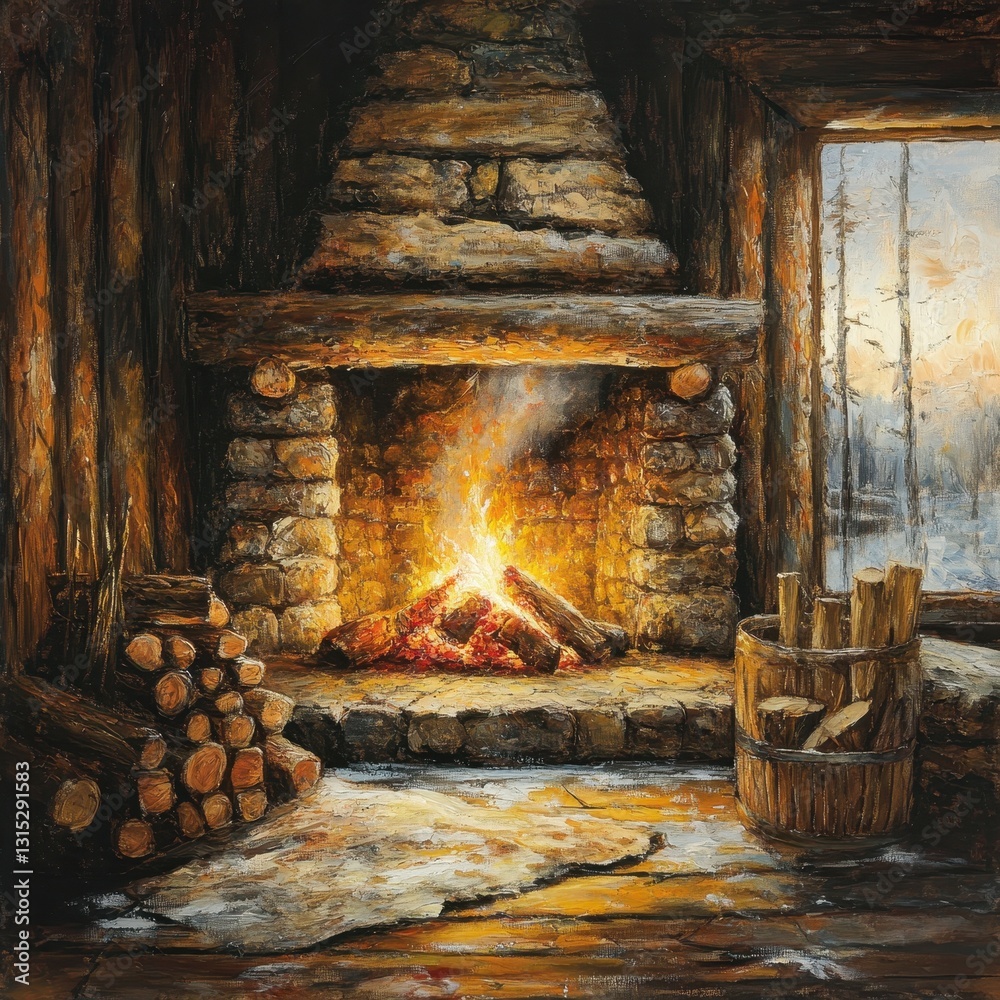 A cozy interior scene featuring a warm fireplace in a cabin A cozy interior scene featuring a warm fireplace in a cabin