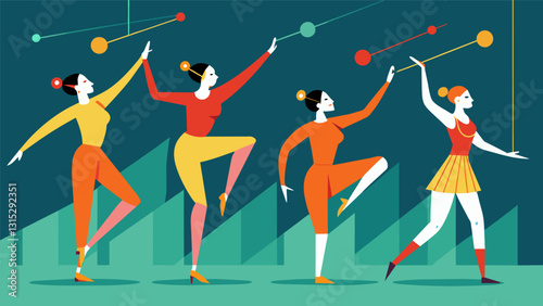 The performance begins with a series of complex movements each one exeed with precision thanks to the data collected from a professional dancer.. Vector illustration
