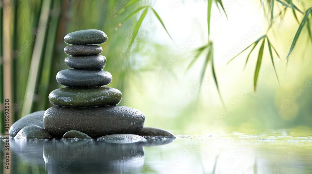 Stacked Smooth Stones Balanced on Water with Green Bamboo Background and Soft Focus Stacked Smooth Stones Balanced on Water with Green Bamboo Background and Soft Focus
