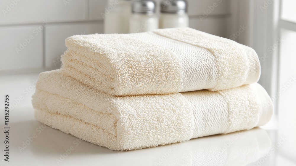A set of organic cotton towels, folded neatly with a soft texture, placed on a white countertop A set of organic cotton towels, folded neatly with a soft texture, placed on a white countertop
