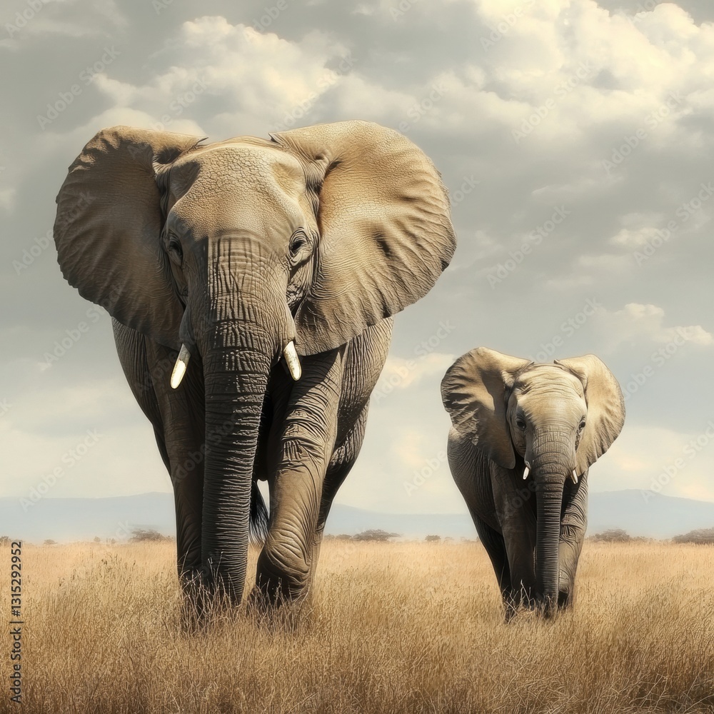 Obraz premium Elephants walking gracefully through golden grasslands under a cloudy sky in Africa