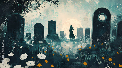 Whispering specters amidst crumbling headstones, headstones, forgotten, whispering. Whispering - Wind. Illustration photo