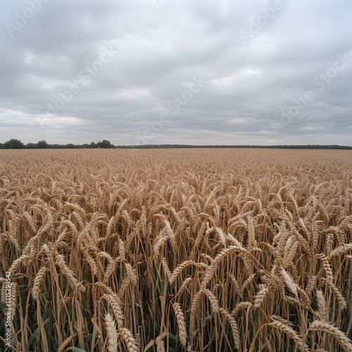 Golden wheat field under cloudy sky, rural landscape, harvest season