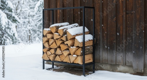 Firewood Stack in Winter Snow Scene with Log Holder Frame