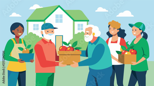 A team of volunteers delivers fresh produce and healthy meal options to homebound seniors as part of the Elder Nutrition Programs home delivery service.. Vector illustration
