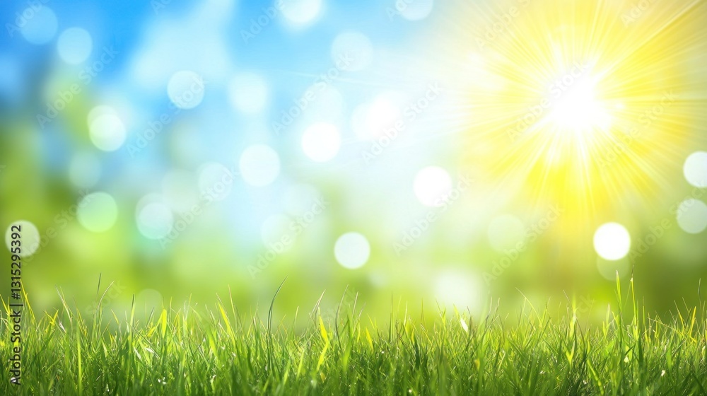 Obraz premium Sunny spring grass bokeh background, nature scene