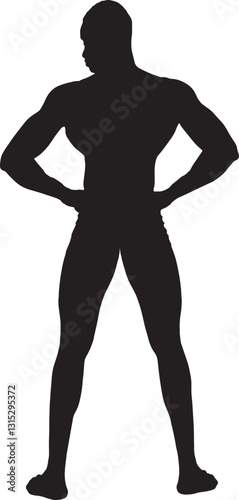 vector; silhouette of rear view of a muscular man arms akimbo