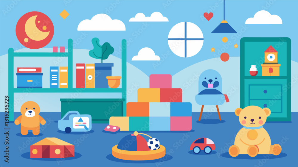 The childrens playroom in this home is equipped with toys and activities specifically chosen based on data on their interests and developmental needs.. Vector illustration The childrens playroom in this home is equipped with toys and activities specifically chosen based on data on their interests and developmental needs.. Vector illustration