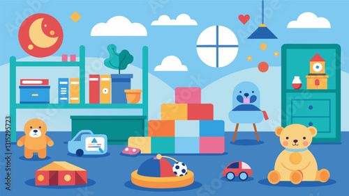 The childrens playroom in this home is equipped with toys and activities specifically chosen based on data on their interests and developmental needs.. Vector illustration