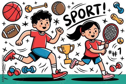 Colorful cartoon illustration of children engaging in sports, featuring various equipment and a trophy