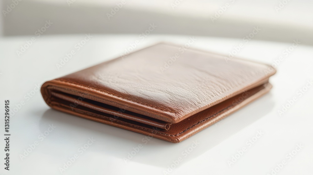 A luxurious leather wallet, placed on a white surface with soft lighting A luxurious leather wallet, placed on a white surface with soft lighting