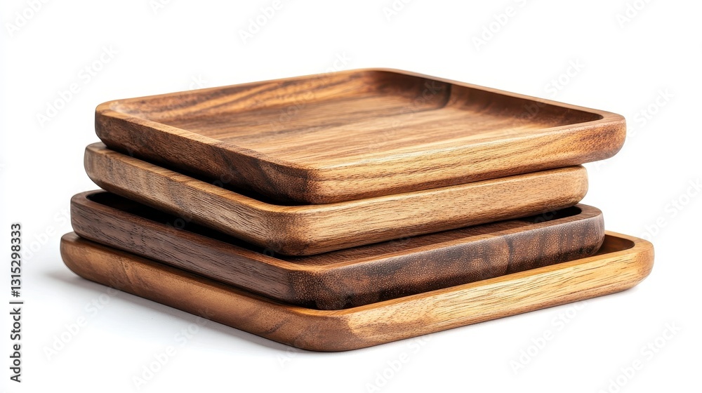 A set of artisanal wooden serving trays, stacked neatly, on a white isolated background A set of artisanal wooden serving trays, stacked neatly, on a white isolated background