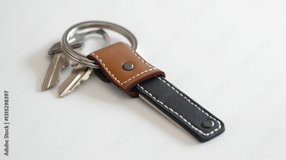 A premium leather keychain with a minimalist design, placed on a white surface, on a white isolated background A premium leather keychain with a minimalist design, placed on a white surface, on a white isolated background
