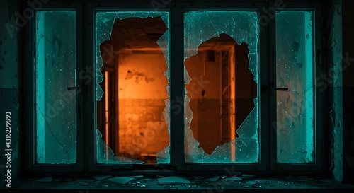 Broken Window Glass Revealing Urban Decay and Vulnerability
