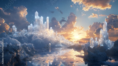 Ethereal Landscape of Crystal Stones and Illuminated Clouds at Sunset