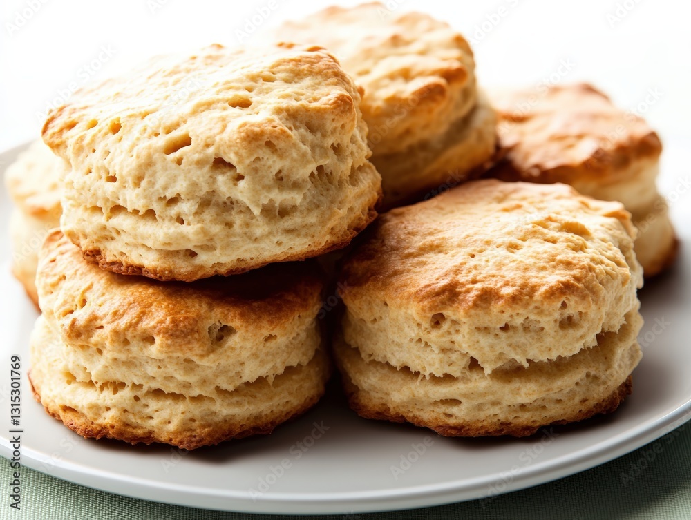 A plate of freshly baked biscuits arranged neatly on a simple white plate for a delicious breakfast experience A plate of freshly baked biscuits arranged neatly on a simple white plate for a delicious breakfast experience