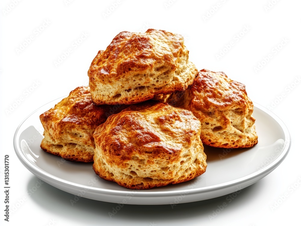 A plate of deliciously freshly baked scones arranged neatly on a plain white background for a perfect food presentation A plate of deliciously freshly baked scones arranged neatly on a plain white background for a perfect food presentation