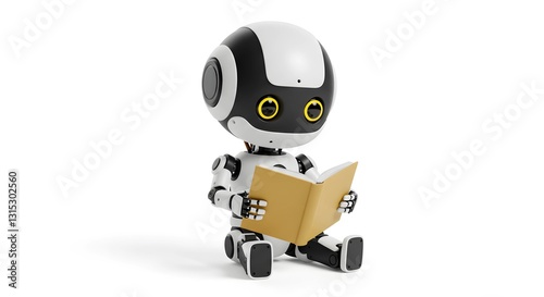 Cute AI Robot Chatbot Reading a Book Isolated on white background  photo