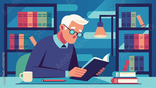 An older gentleman sits in a quiet corner of the library intently studying a foreign language textbook in preparation for his upcoming study abroad program.. Vector illustration