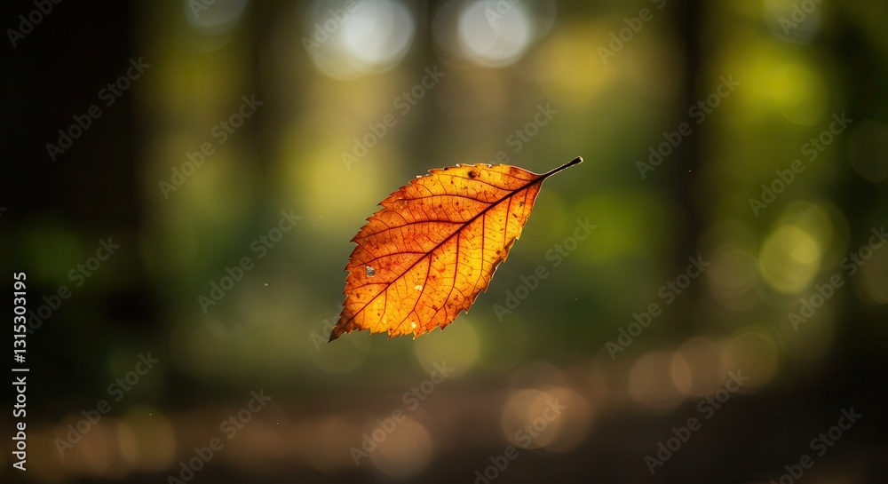 Obraz premium Floating Autumn Leaf Glowing in Sunlight Against a Forest Backdrop