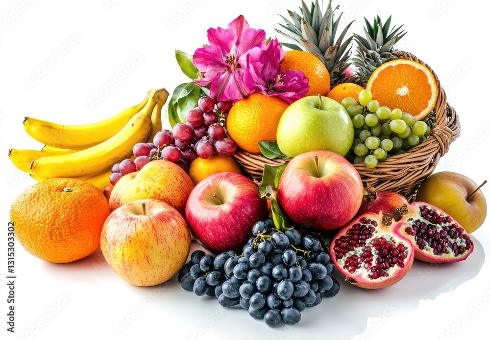 Colorful fruit basket with flowers on white background (2) Colorful fruit basket with flowers on white background (2)