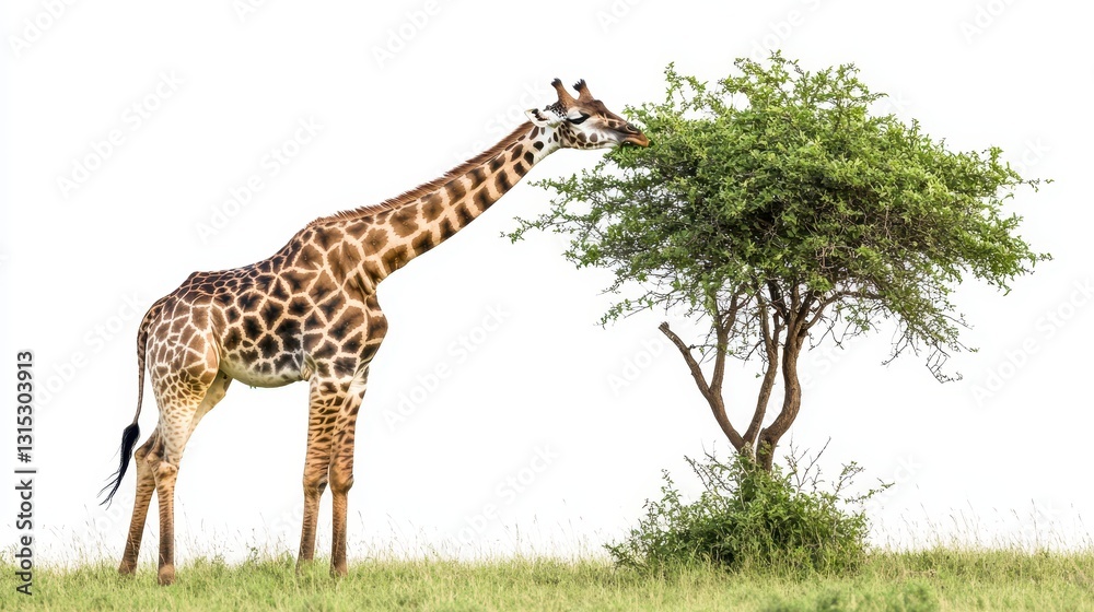A majestic giraffe eating leaves from a tree, with its long neck reaching high, on a white isolated background A majestic giraffe eating leaves from a tree, with its long neck reaching high, on a white isolated background