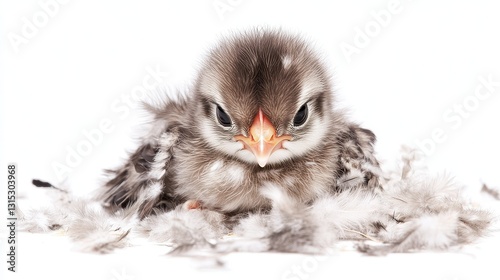 A cute baby chick pecking at the ground, surrounded by soft feathers, on a white isolated background
